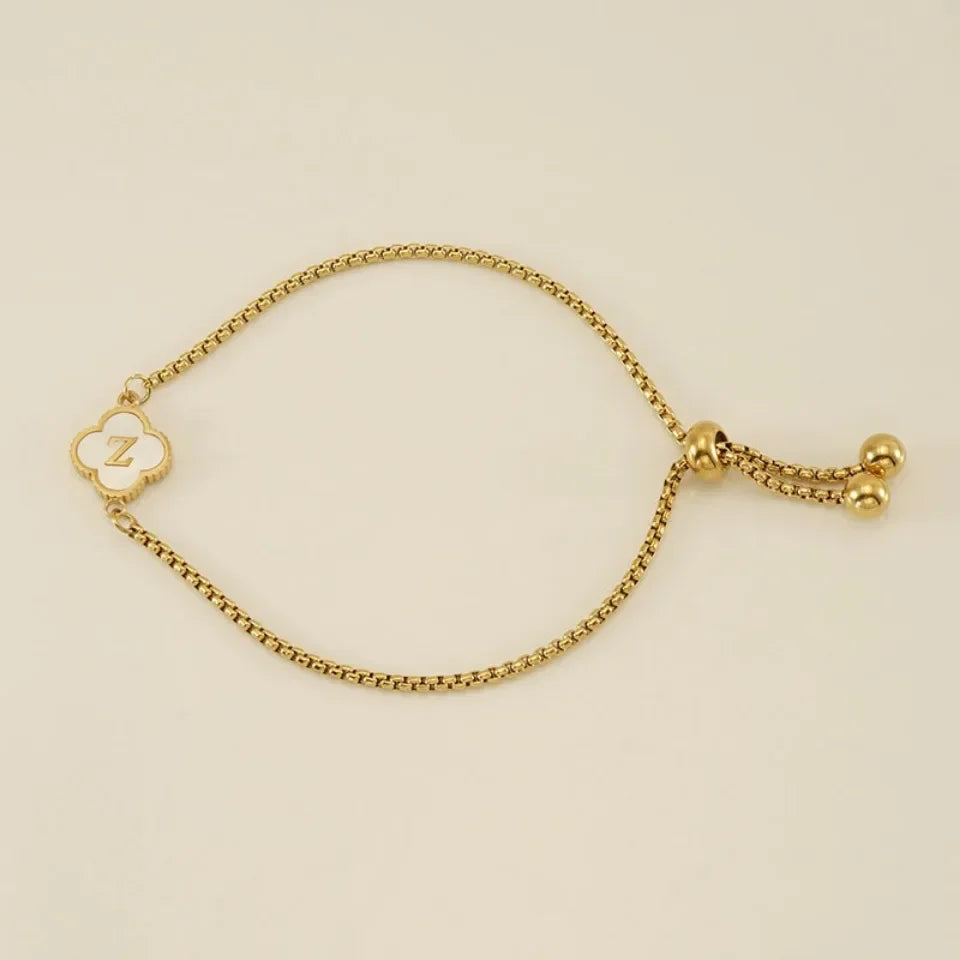 Mother of Pearl Initial Bracelet – A–Z Letter Clover Charm in Gold Stainless Steel