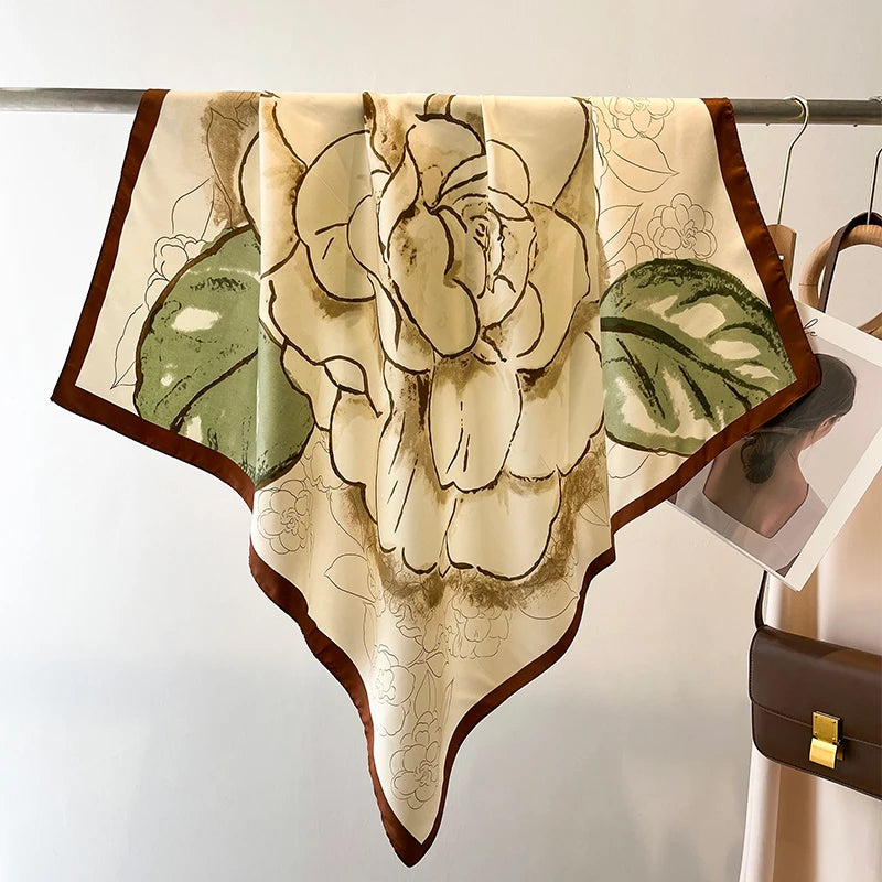 Silk Feel Scarf – Twill Square Wrap with Luxury Tree Print for Hair, Neck & Hijab