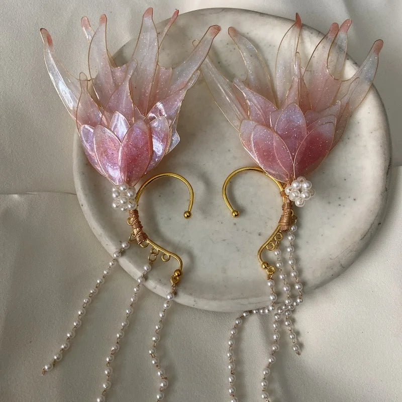 Butterfly & Mermaid Pearl Tassel Ear Cuffs – Elegant Non-Piercing Fairy-Style Earrings