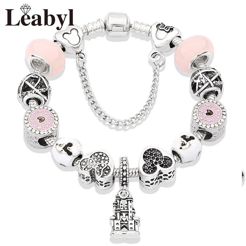 Disney Pink Crystal Charm Bracelet – Colorful Handmade Enamel Beads for Women
