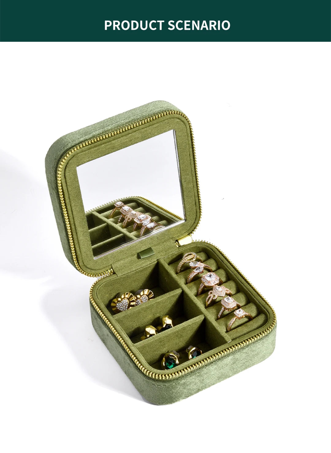TAIMY Vintage Velvet Jewelry Box – Retro Green Travel Ring Case with Mirror