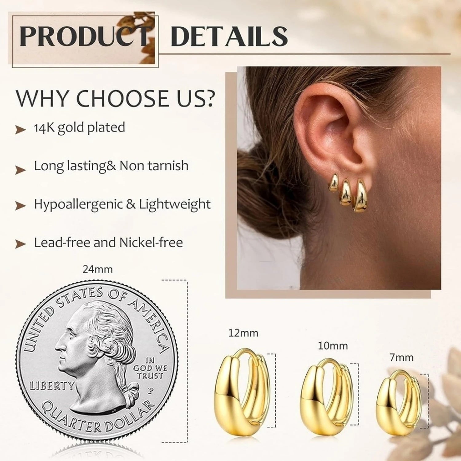 3-Pair Hoop Earring Set – Gold & Silver Plated Lightweight Hypoallergenic Huggies