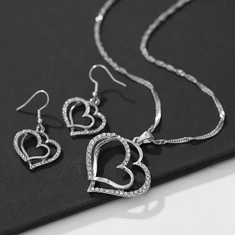 3-Piece Double Heart Jewelry Set – Rhinestone Necklace & Earrings for Women