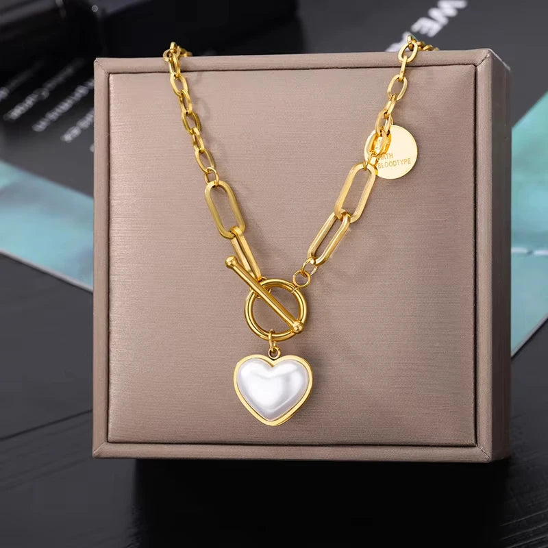 Punk Gold Heart Pendant Necklace – Stainless Steel OT Buckle Beaded Choker, Y2K Style