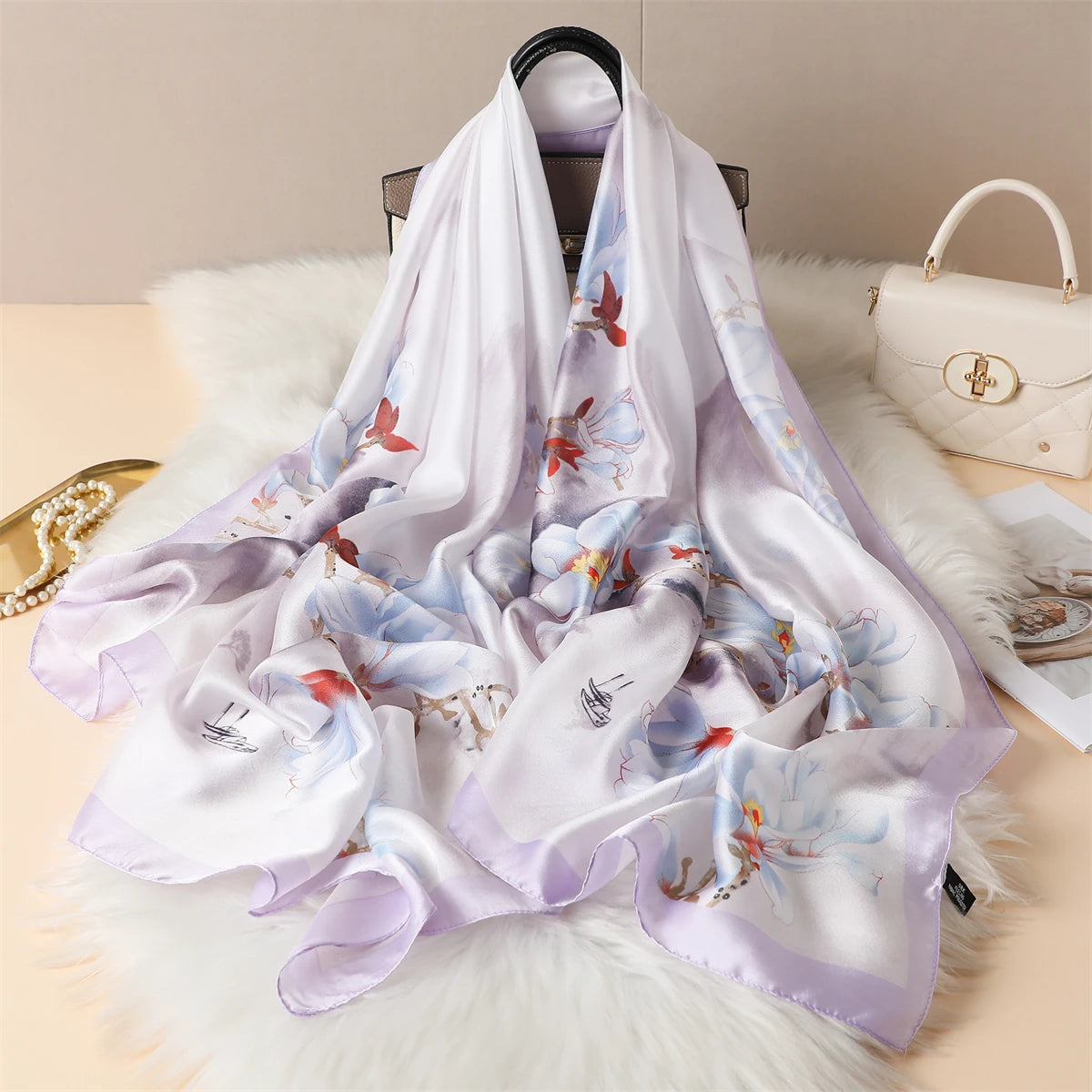 Luxury Silk Satin Scarf –  Large Wrap for Women, Elegant Beach & Hijab Style