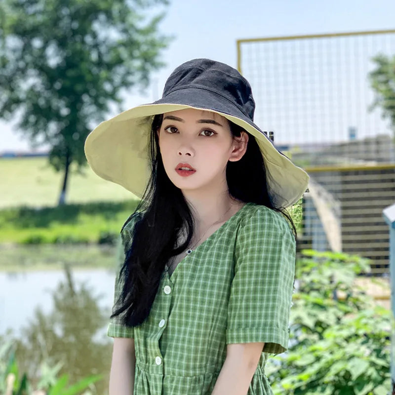 Wide Brim UPF 50+ Sun Hat – Double-Sided Anti-UV Beach & Hiking Cap for Women