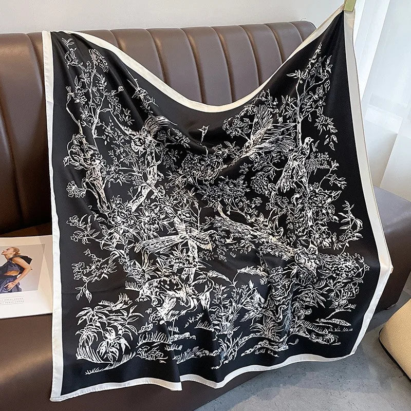Silk Feel Scarf – Twill Square Wrap with Luxury Tree Print for Hair, Neck & Hijab