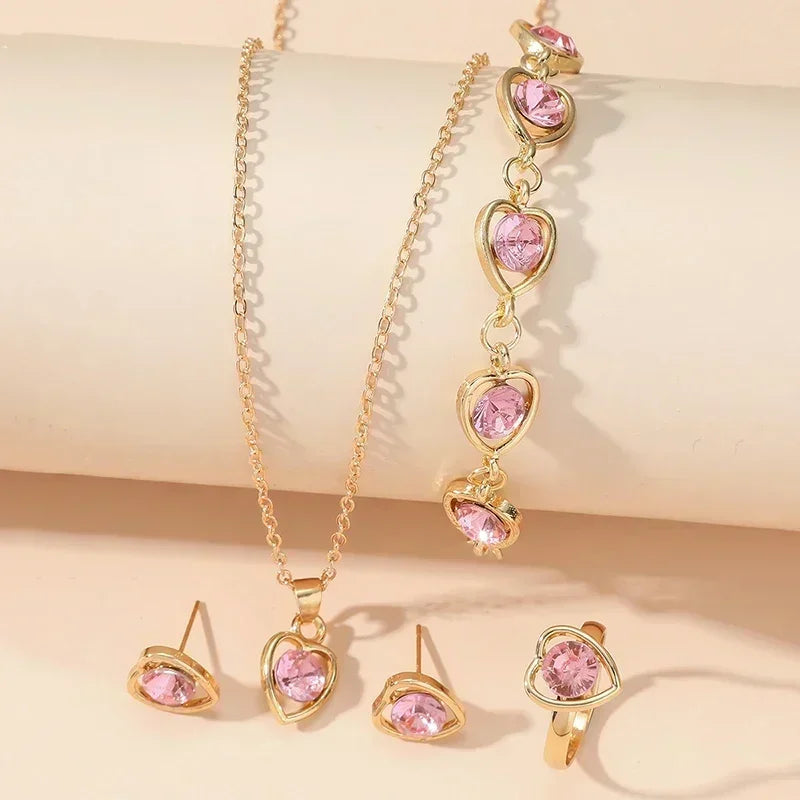 5-Piece Gold Heart Jewelry Set – Elegant Double Heart Necklace, Ring & Earrings with Rhinestones