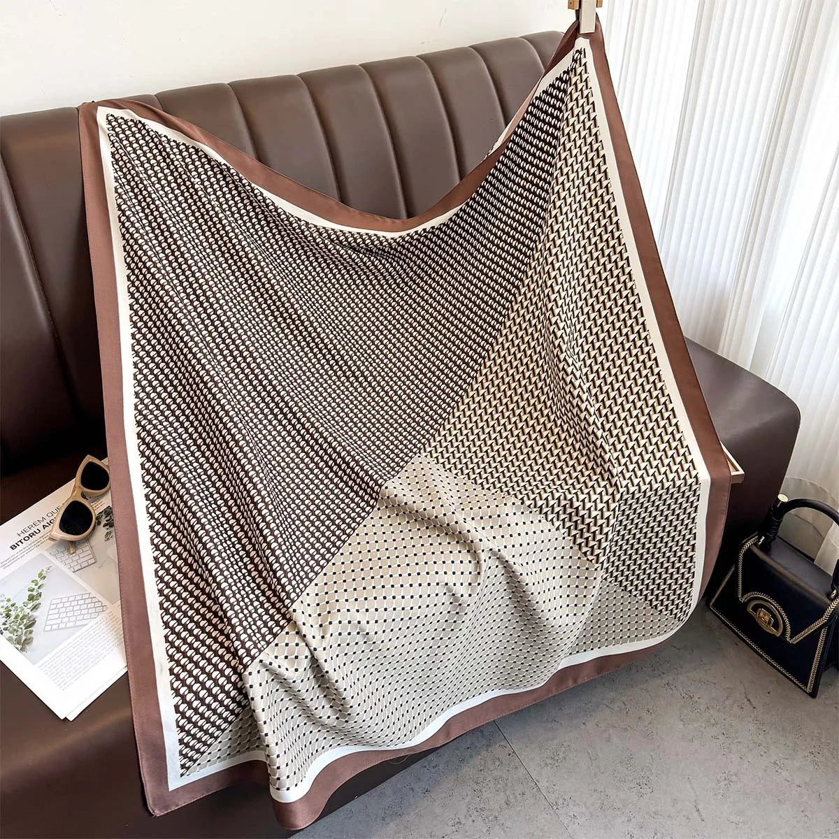 Silk Feel Scarf – Twill Square Wrap with Luxury Tree Print for Hair, Neck & Hijab