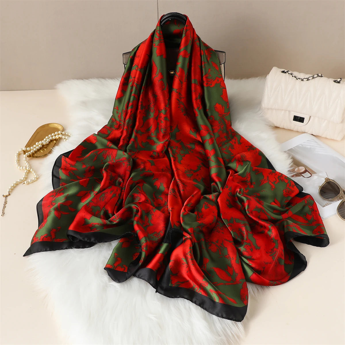 Luxury Silk Satin Scarf –  Large Wrap for Women, Elegant Beach & Hijab Style