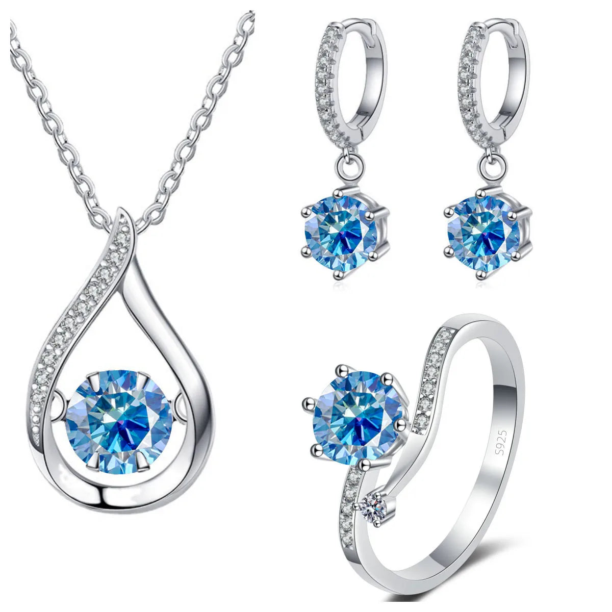 925 Silver Moissanite Jewelry Set – Solitaire Necklace, Ring & Stud Earrings for Men or Women