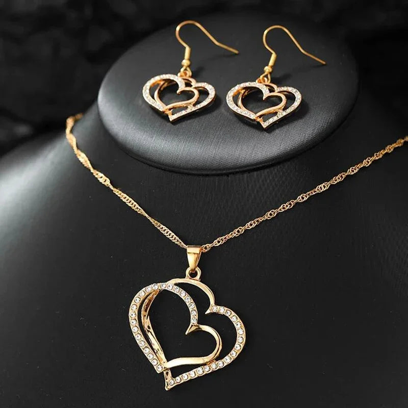 3-Piece Double Heart Jewelry Set – Rhinestone Necklace & Earrings for Women