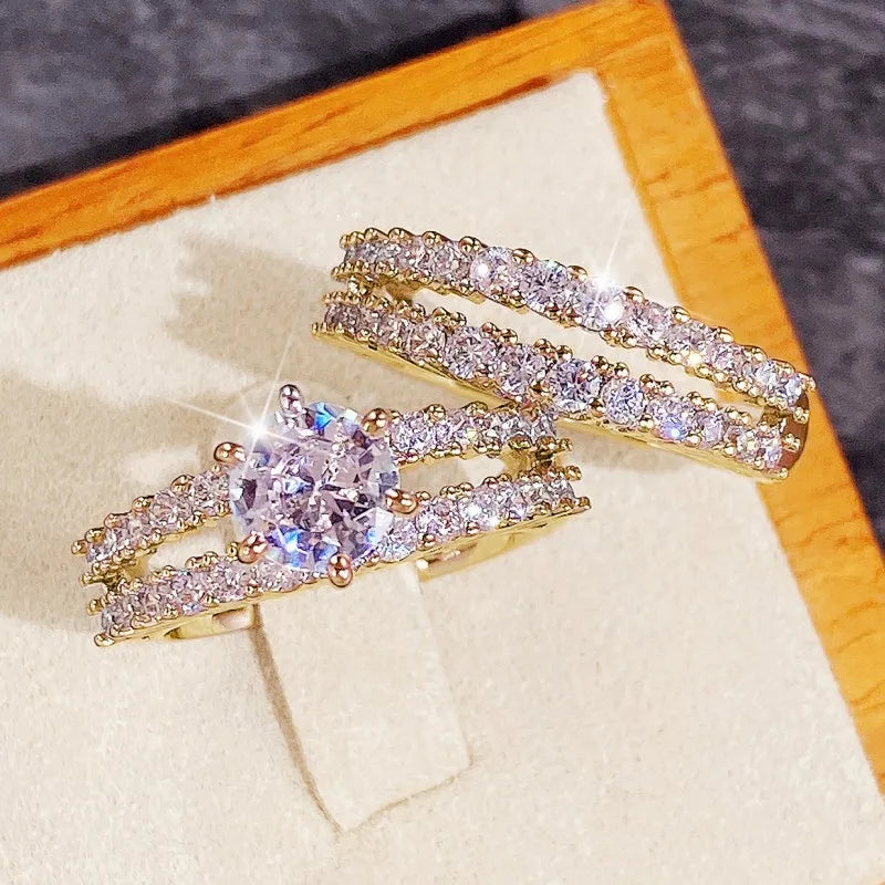 Huitan Hollow Bling Ring Set – 2-Piece Iced-Out CZ Luxury Wedding & Engagement Style