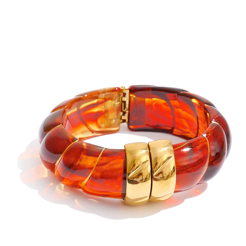 Yhpup Multi-Color Resin Statement Bracelet – Wide Acrylic Bangle with Stainless Steel Accents