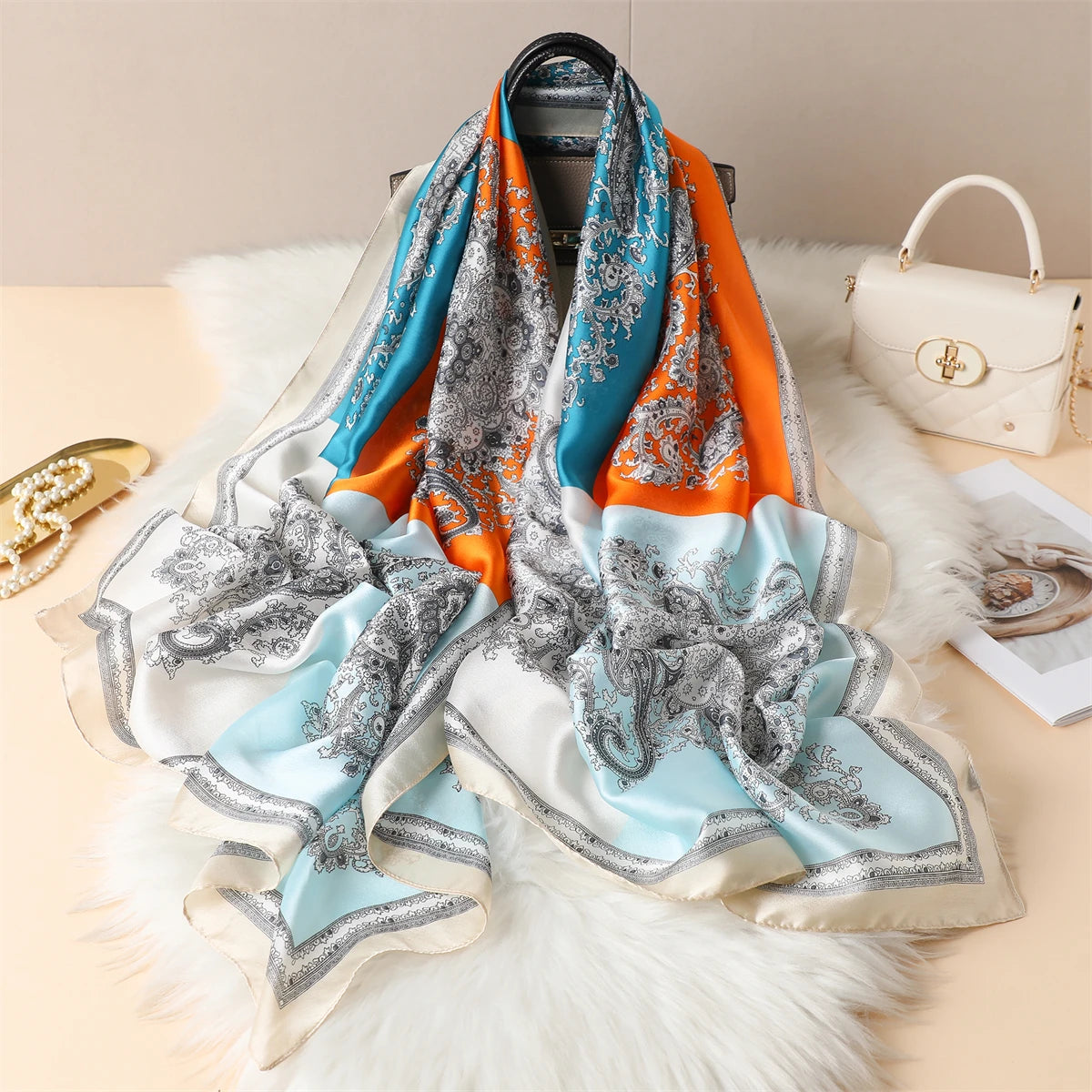 Luxury Silk Satin Scarf –  Large Wrap for Women, Elegant Beach & Hijab Style