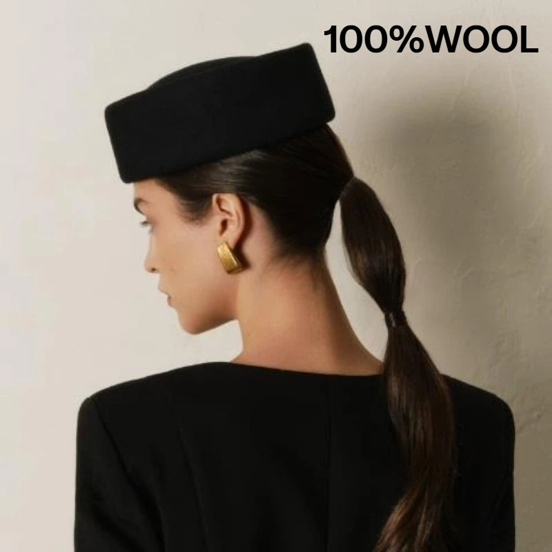 Vintage Wool Felt Beret – Elegant Hard-Top Pillbox Fedora for Weddings & Cocktail Parties