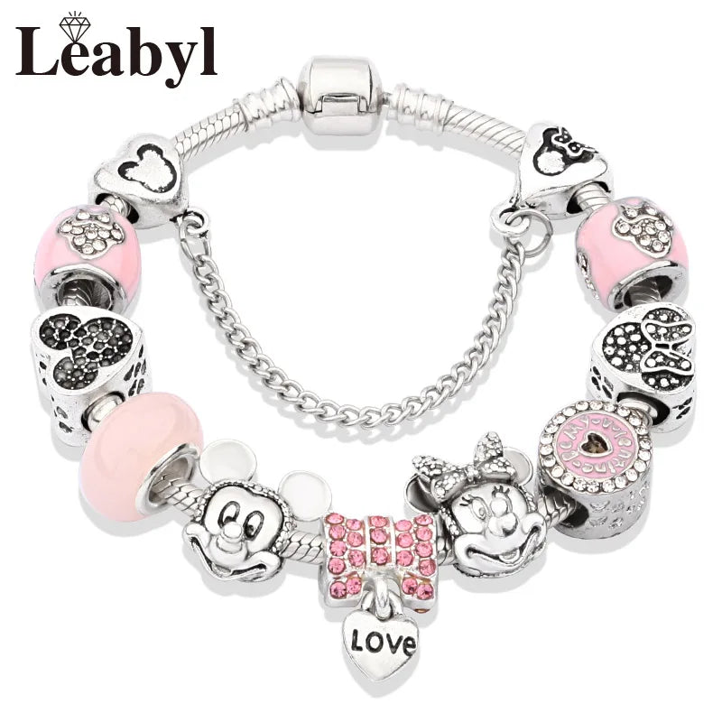 Disney Pink Crystal Charm Bracelet – Colorful Handmade Enamel Beads for Women