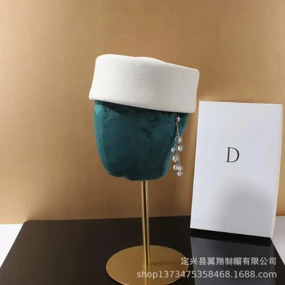 Vintage Wool Felt Beret – Elegant Hard-Top Pillbox Fedora for Weddings & Cocktail Parties