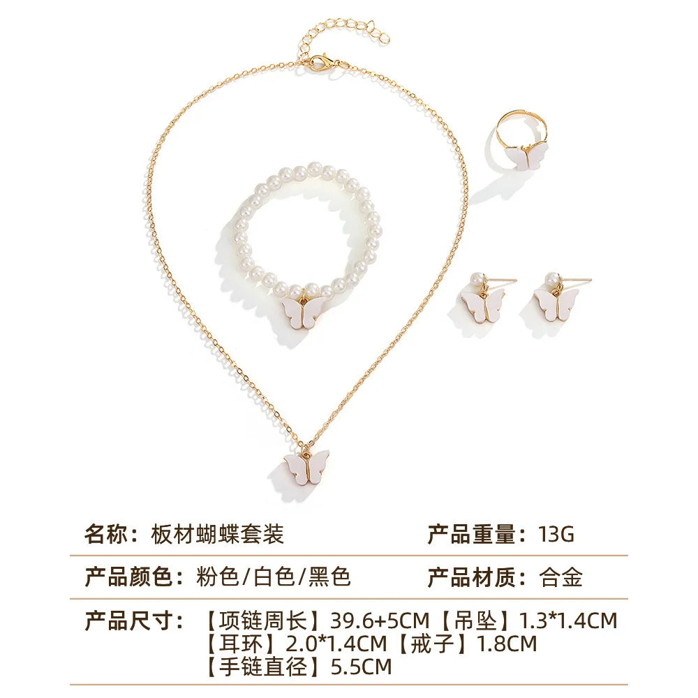4-Piece Butterfly Jewelry Set – Imitation Pearl Necklace & Earrings for Women and Girls