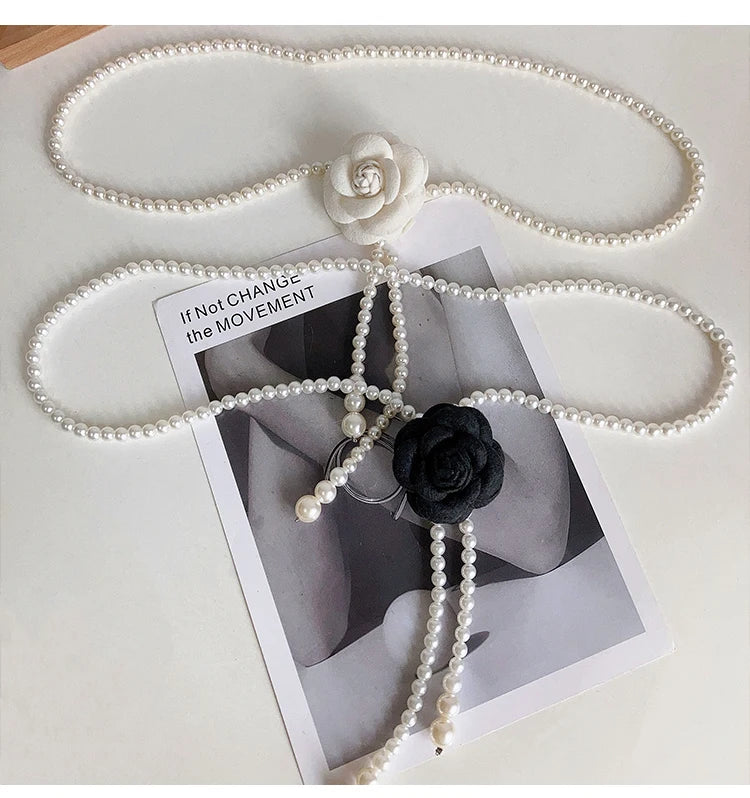 Pearl Camellia Waist Belt – Elegant Decorative Belt for Dresses, Coats & Jackets