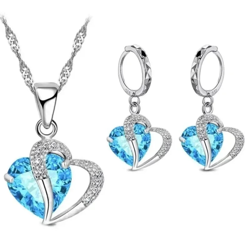 2-Piece Heart Jewelry Set – Metal Necklace & Earrings with Blue Glass Stone & CZ Gem Accents