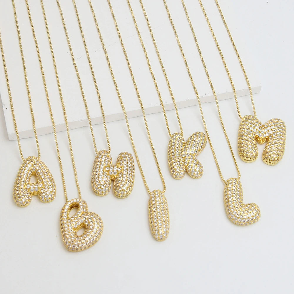Zircon Initial Necklace – Gold Plated A–Z Bubble Letter Pendant on Box Chain