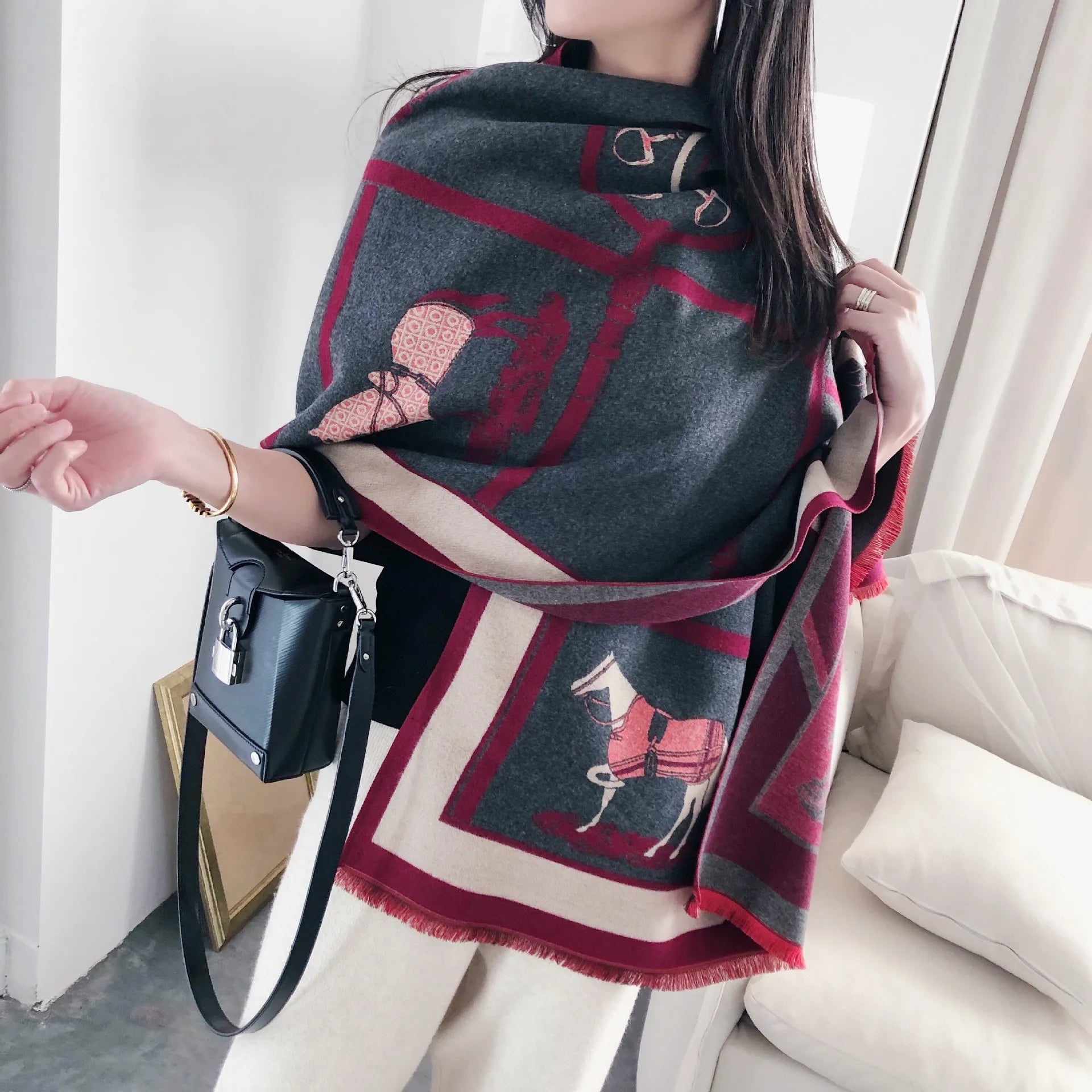 Luxury Cashmere Scarf – Thick Horse Print Winter Shawl for Women, Warm & Elegant Gift