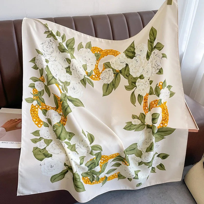 Silk Feel Scarf – Twill Square Wrap with Luxury Tree Print for Hair, Neck & Hijab