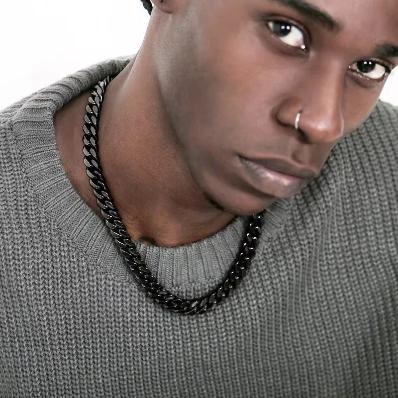 Punk Stainless Steel Cuban Chain – Solid 3/5/7 mm Link Necklace in Black or Gold for Men & Women