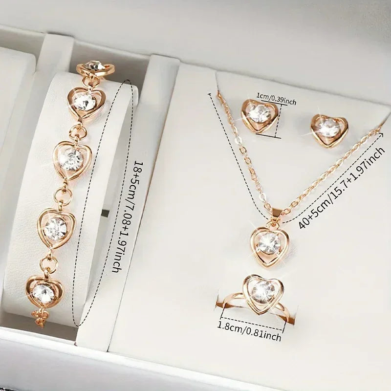 5-Piece Gold Heart Jewelry Set – Elegant Double Heart Necklace, Ring & Earrings with Rhinestones