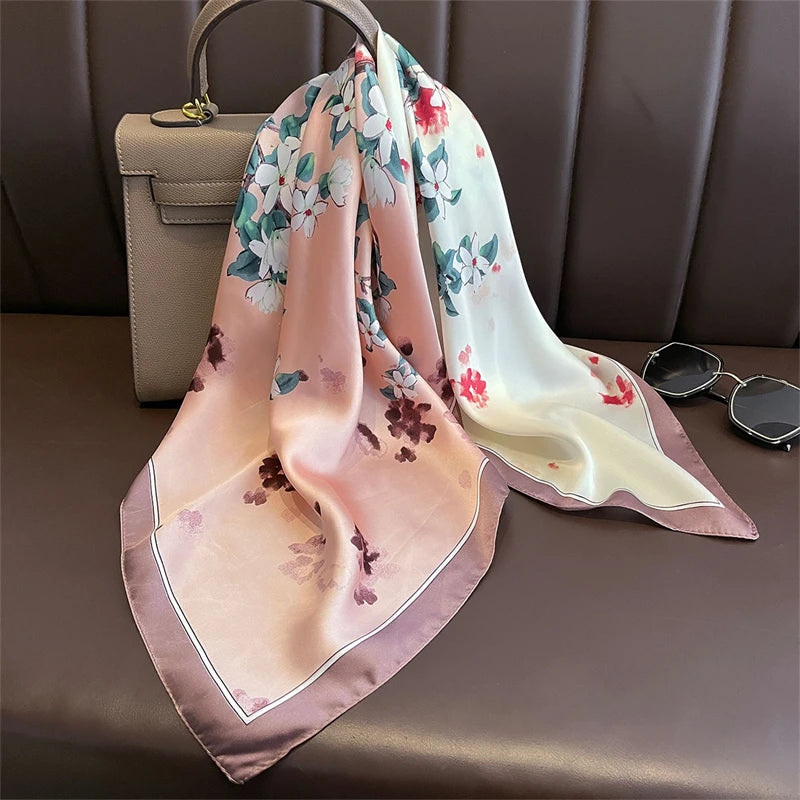 Bohemian Floral Silk Scarf – Luxury Square Satin Wrap for Hair, Neck & Hijab