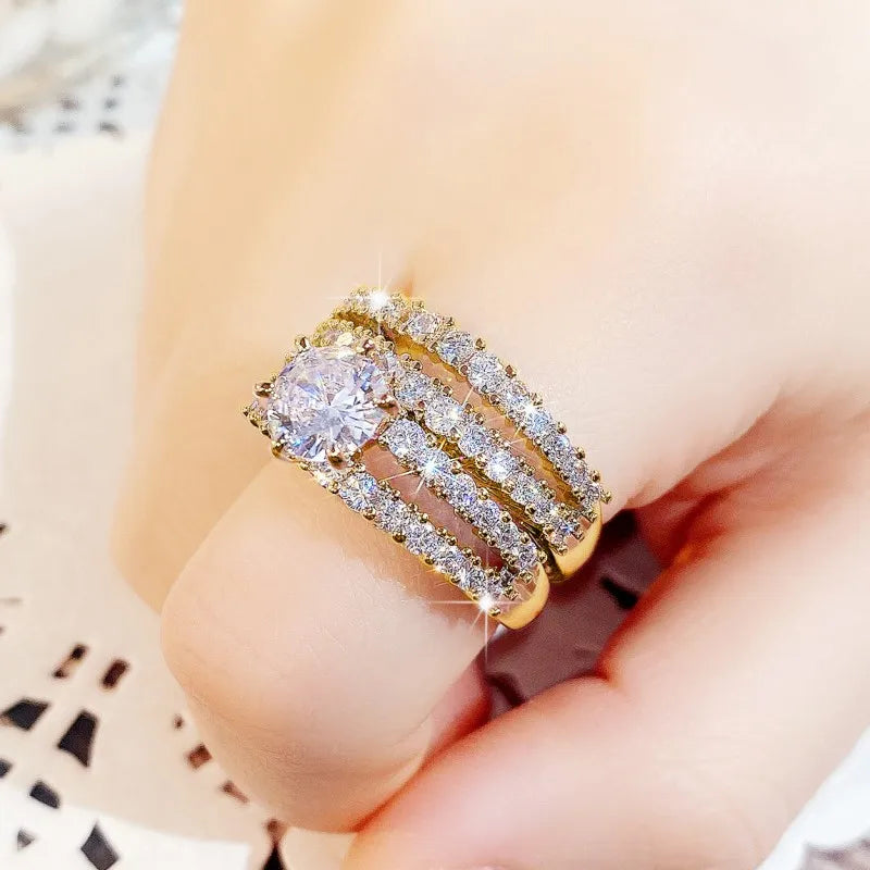 Huitan Hollow Bling Ring Set – 2-Piece Iced-Out CZ Luxury Wedding & Engagement Style