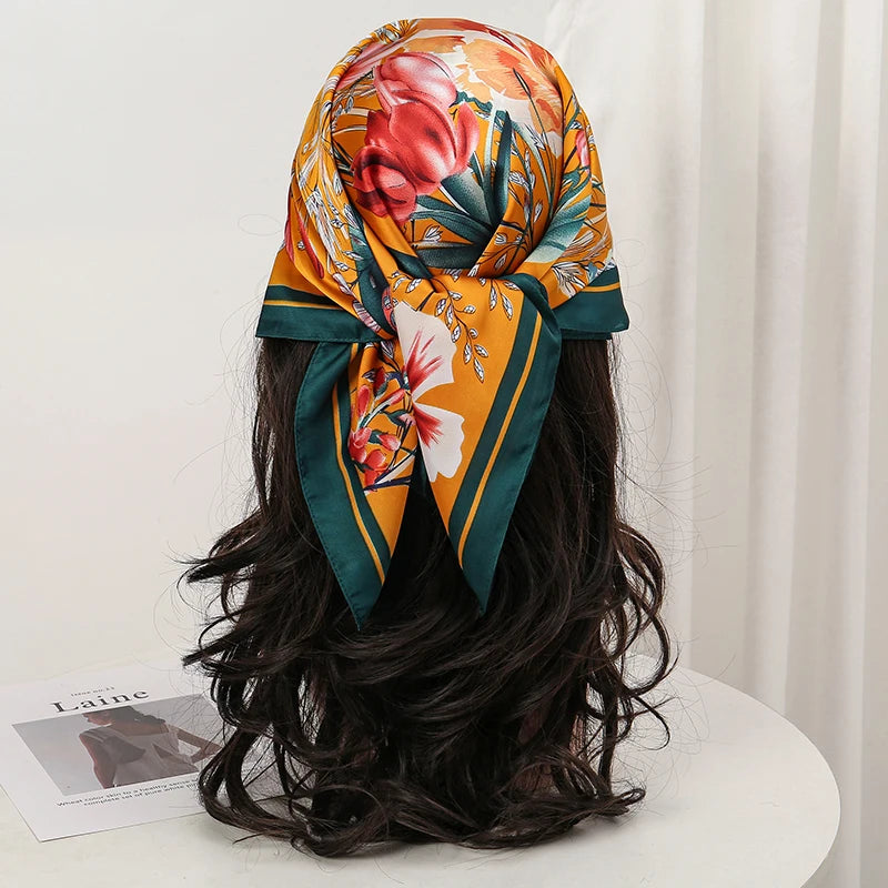 Bohemian Floral Silk Scarf – Tropical Print Square Satin Wrap for Hair, Neck & Hijab