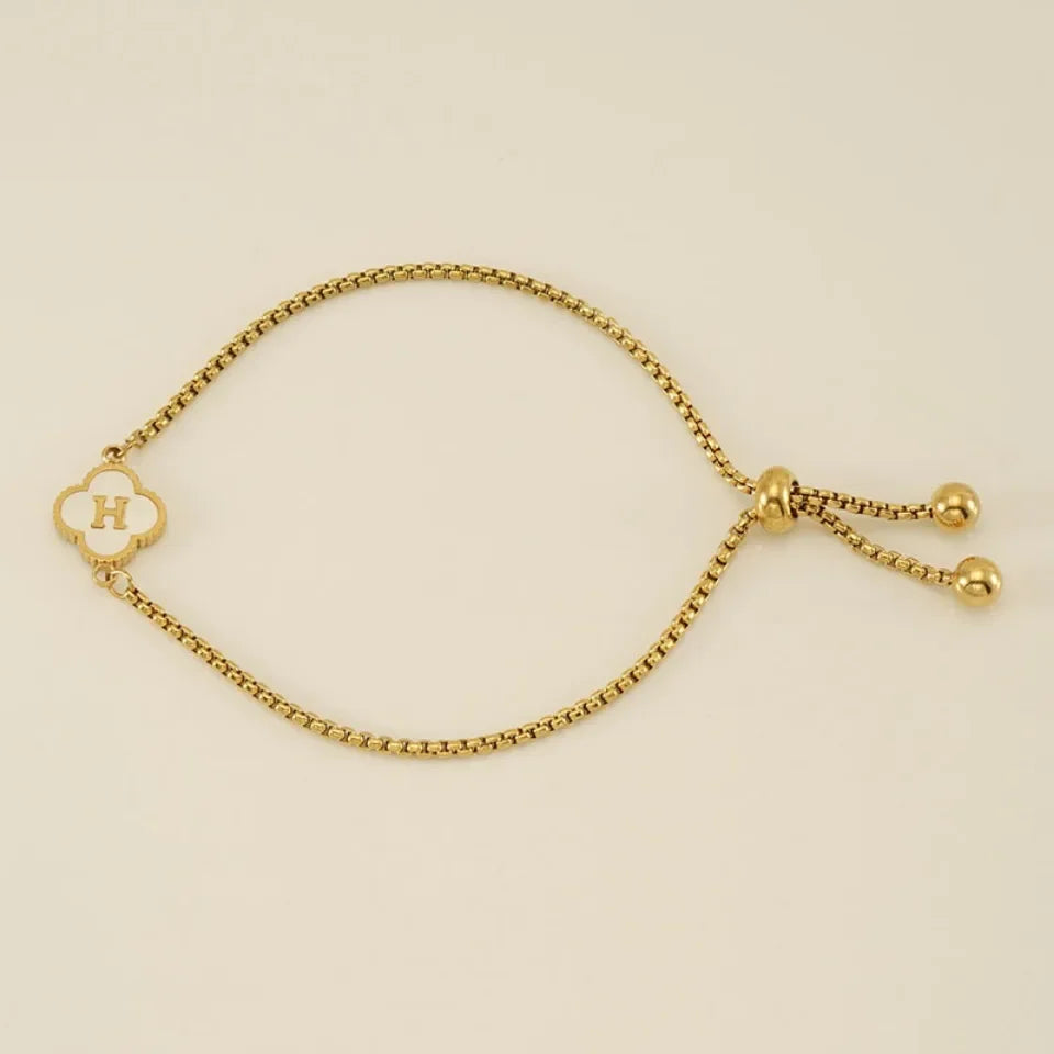 Mother of Pearl Initial Bracelet – A–Z Letter Clover Charm in Gold Stainless Steel