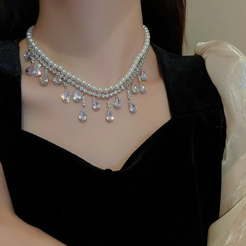 Luxury Crystal Rhinestone Choker – Multi-Layer Pearl Chain Necklace for Parties & Weddings