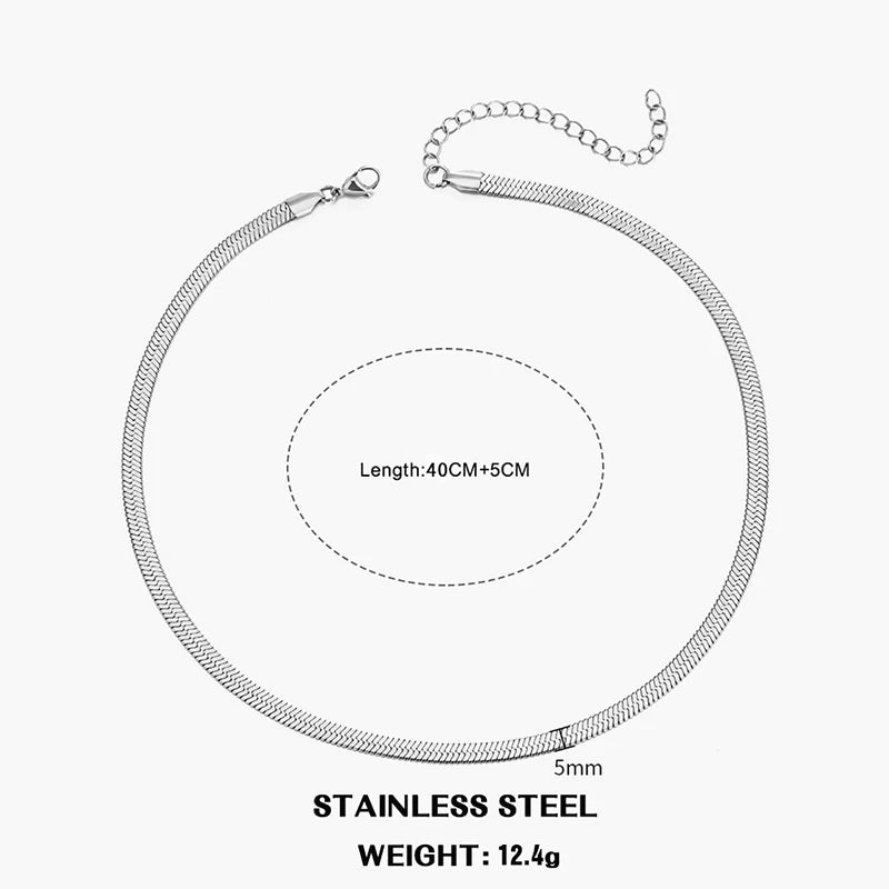 Flat Snake Chain Choker – Unisex Stainless Steel Herringbone Necklace in Gold or Silver