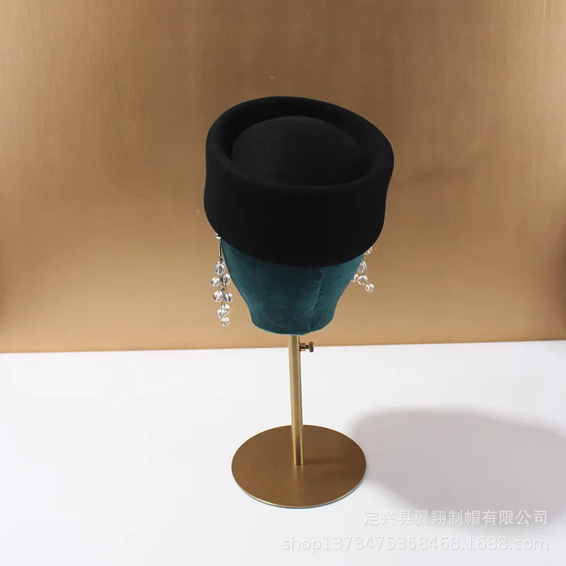 Vintage Wool Felt Beret – Elegant Hard-Top Pillbox Fedora for Weddings & Cocktail Parties