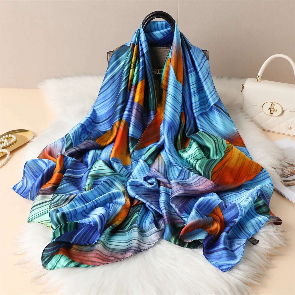 Luxury Silk Satin Scarf –  Large Wrap for Women, Elegant Beach & Hijab Style