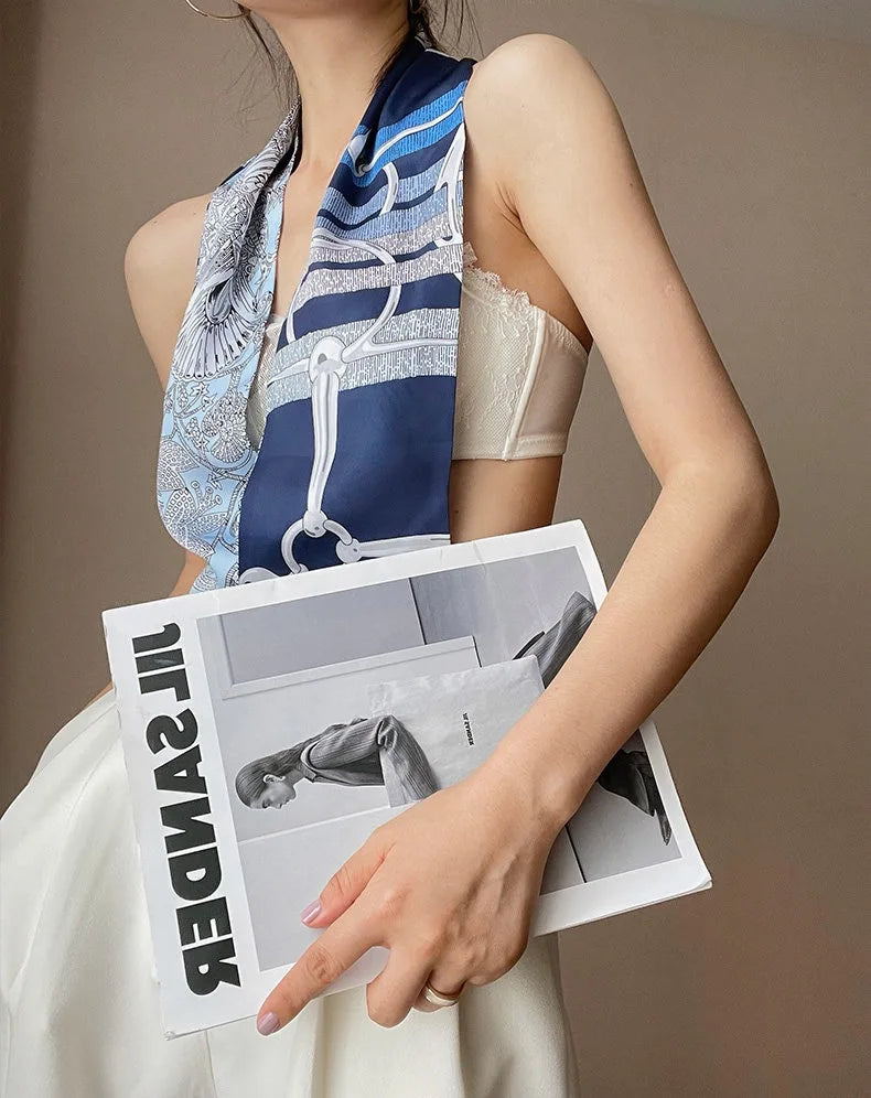 Luxury Horse Print Silk Ribbon Scarf – Thin Long Accessory for Bags, Hair & Neck