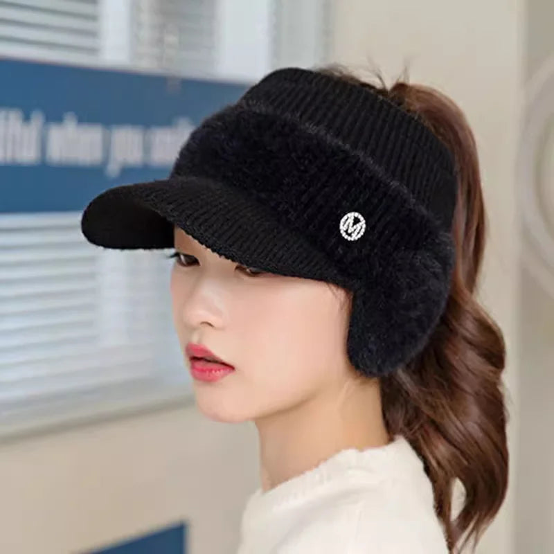 Winter Ear-Wing Knit Baseball Cap – Warm 2024 Windproof Ponytail Hat for Women