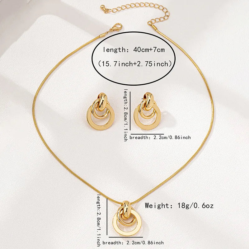 Vintage Gold Geometry Jewelry Set – Simple Circle Necklace & Earrings for Daily Wear and Parties