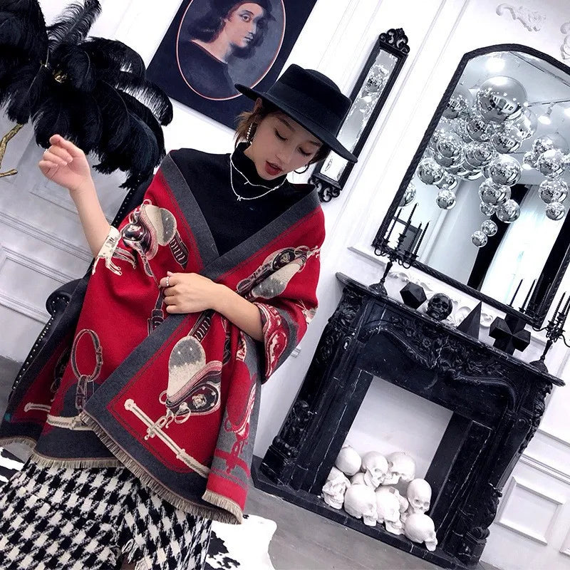 Luxury Cashmere Scarf – Thick Horse Print Winter Shawl for Women, Warm & Elegant Gift