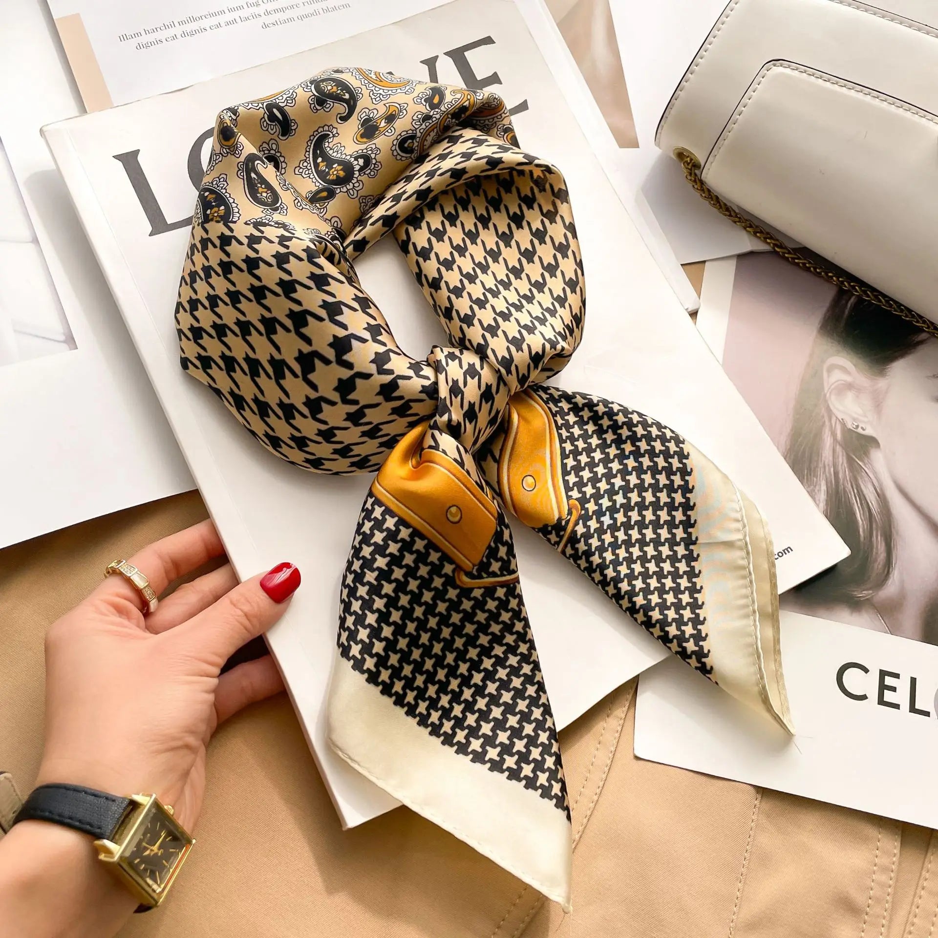 Luxury Silk Square Scarf – Designer Satin Neckerchief for Hair, Purse & Head Styling