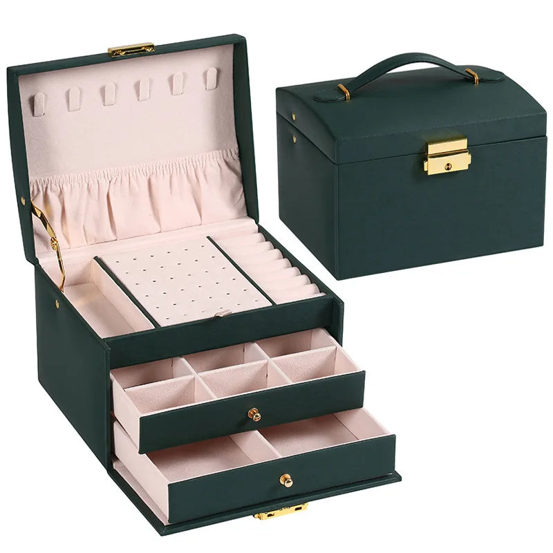 Three-Layer Leather Drawer Jewelry Box – Multi-Functional Storage with Lock for Earrings & Accessories