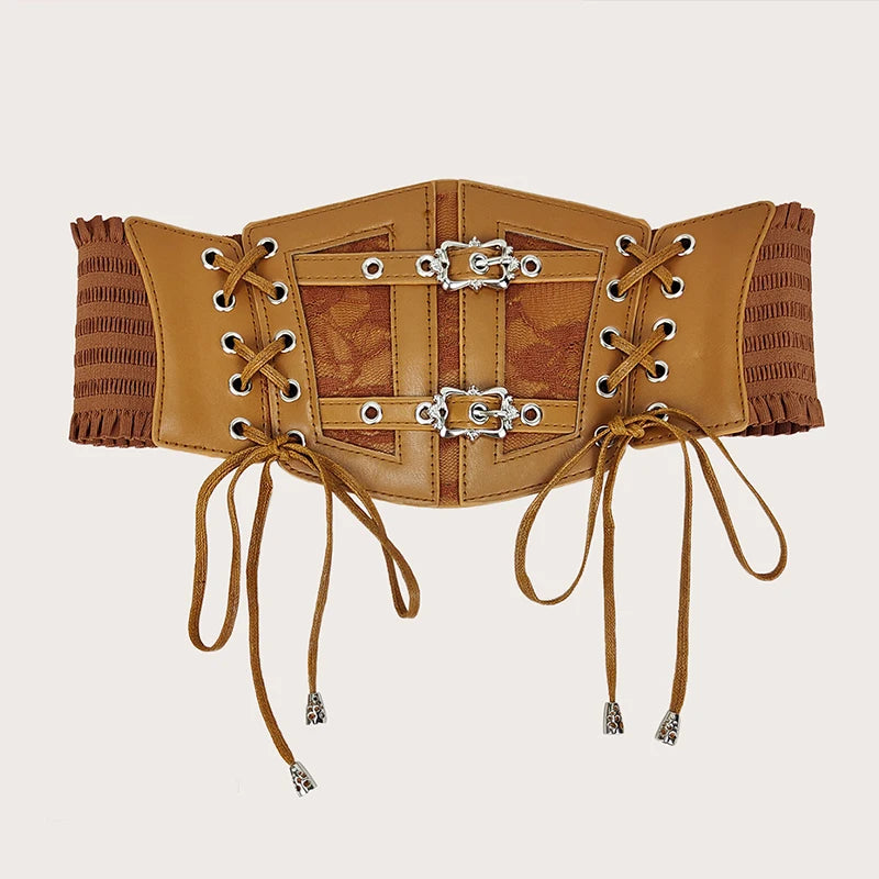 Plus Size Lace Corset Belt – Wide Stretch Gothic Cummerbund for Dresses in Brown or White