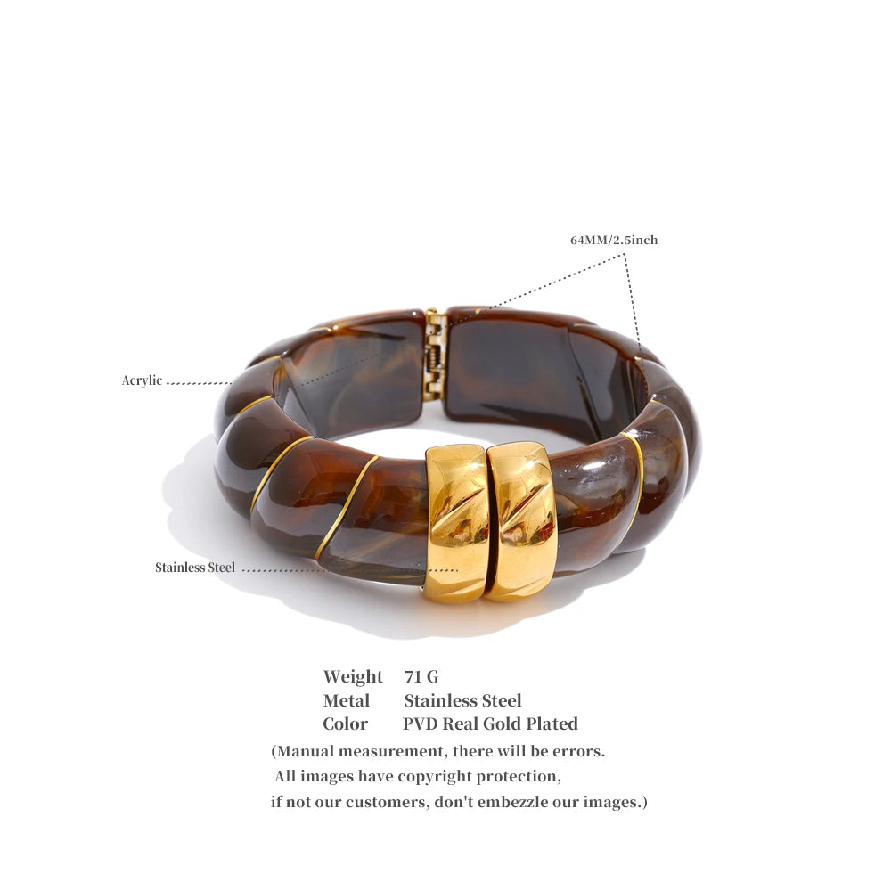 Yhpup Multi-Color Resin Statement Bracelet – Wide Acrylic Bangle with Stainless Steel Accents