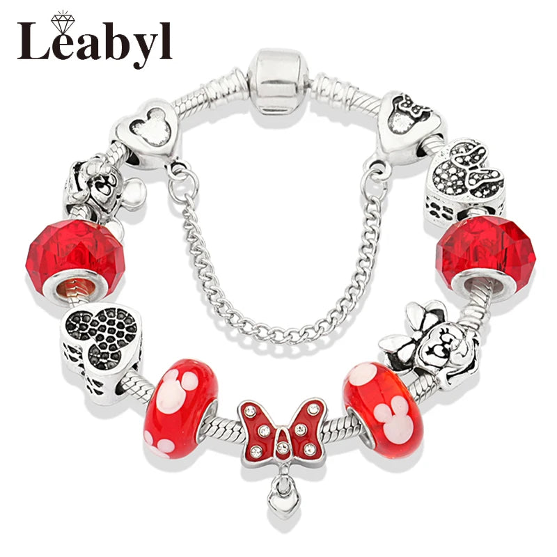 Disney Pink Crystal Charm Bracelet – Colorful Handmade Enamel Beads for Women