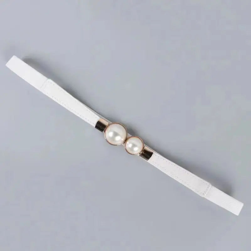 Double Pearl Buckle Elastic Belt – Elegant Thin Strap Waistband for Dresses & Skirts