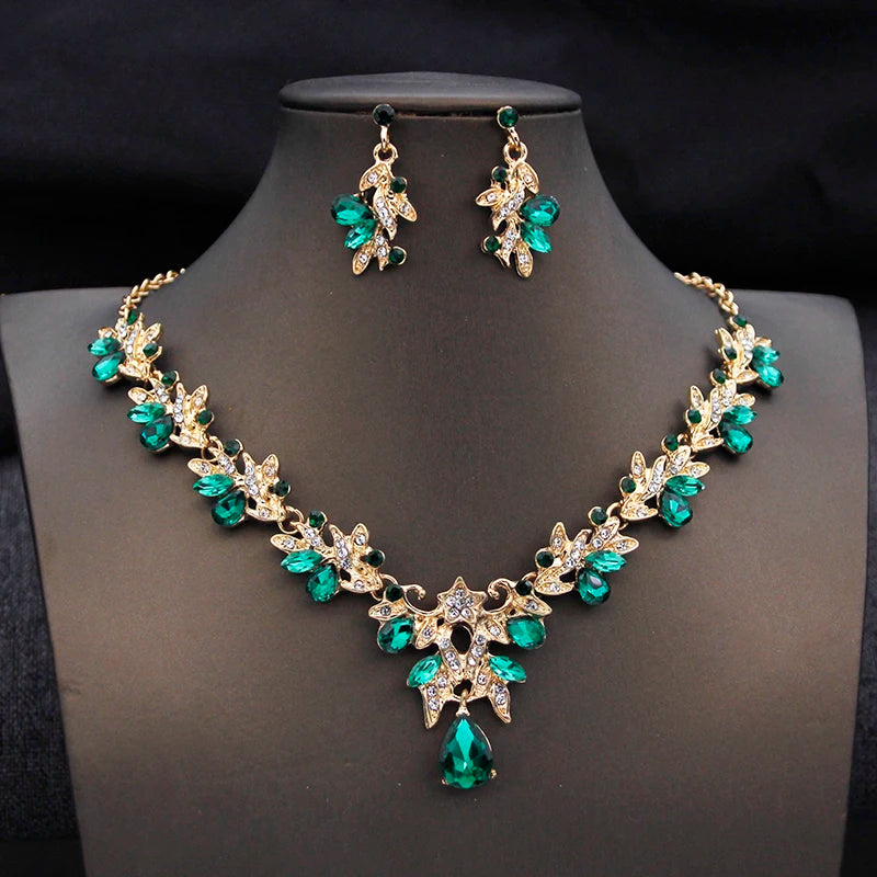 Bridal Green Crystal Tiara Set – Elegant Crown, Necklace & Earrings for Weddings and Prom