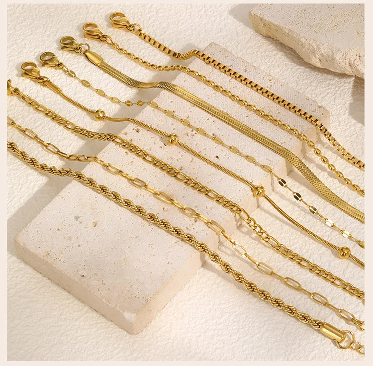 Non-Tarnish Stainless Steel Herringbone Bracelet – Thin, Stackable & Waterproof Gold Plated Design for Women